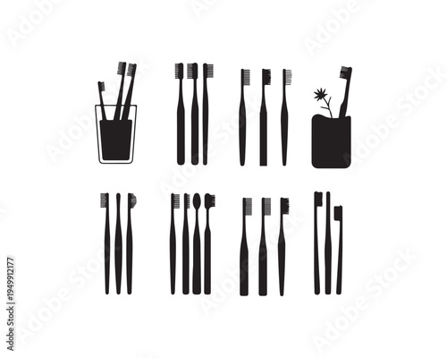 Assortment of black silhouette toothbrush in various styles and arrangements including toothbrushes in a glass and a holder
