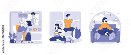 Virtual Healthcare, Fitness, and Meditation Illustration