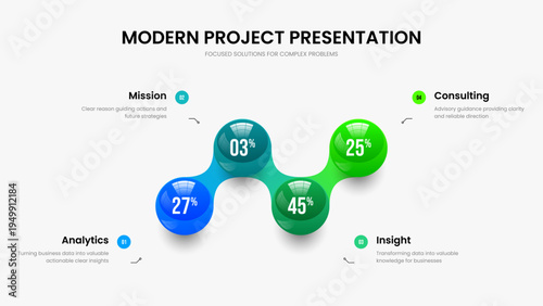 Corporate Briefing Presentation Template Vector Illustration. Consulting Campaign 4 Step Diagram Slideshow Layout. Creative Report Four Option Graph Slide Design.