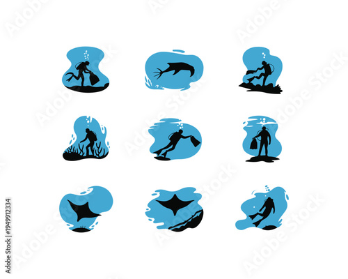 Collection of Blue and Black Silhouette Illustrating Scuba Divers Interacting with Marine Life and Coral