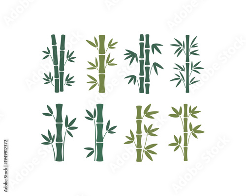 Collection of stylized green bamboo stalks with leaves in various arrangements and shades of green on a clean white background