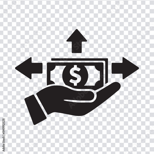 Vector illustration black icon of a hand holding a dollar bill with arrows indicating money transfer or exchange