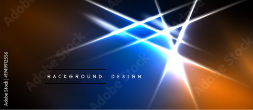 Abstract background features vibrant blue, orange light streaks. Diagonal lines create dynamic visual effect. Dark areas frame bright center.