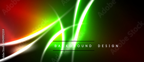 Vibrant abstract background features flowing lines, bright colors. Red, green, yellow hues blend with dark areas. Modern design element.