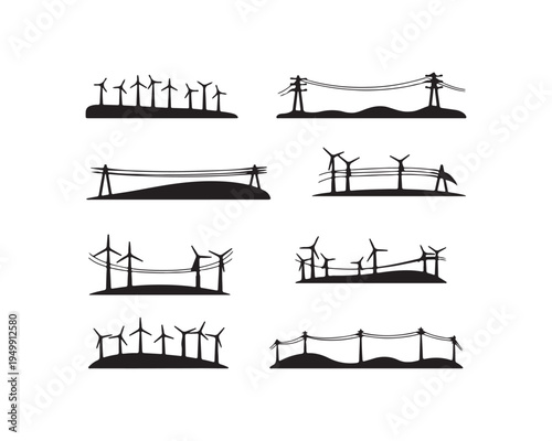 Set of black silhouette depicting wind turbines and power lines in various landscape arrangements on a white background