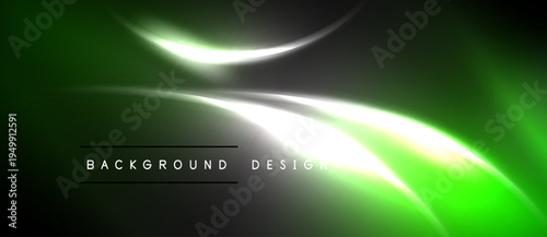 Abstract green neon light flows, creating dynamic background. Smooth curves, bright highlights, dark shadows present. Modern design element.