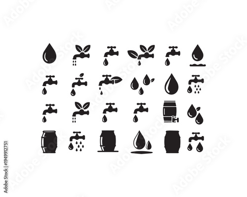 Set of black silhouette illustrating water faucets dripping water drops and water barrels symbolizing water conservation