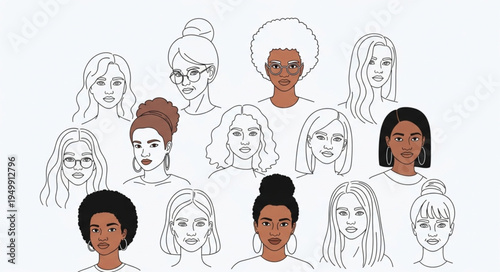 Diverse group of women faces illustrated in sketch style.