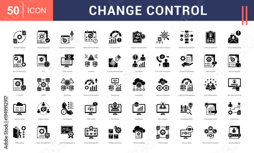 Change Control Icon Set. change request, change approval, release management, maintenance window, priority level and more. Glyph Style vector icons collection.