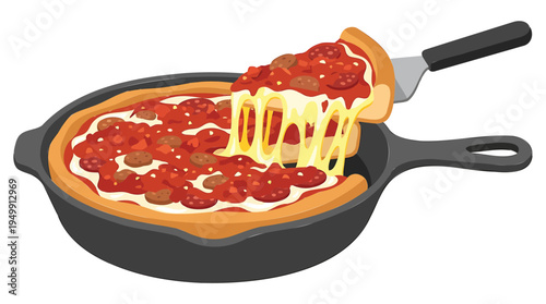 A slice of pepperoni pizza being lifted from a cast iron skillet with melted cheese.