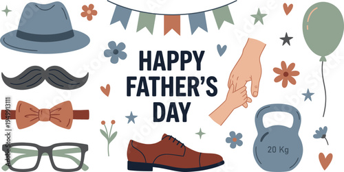 Happy fathers day celebration with various symbolic accessories isolated on white background