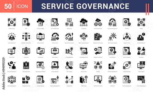 Service Governance Icon Set. itsm process, sla, service catalog, service reporting, monitoring and more. Glyph Style vector icons collection.