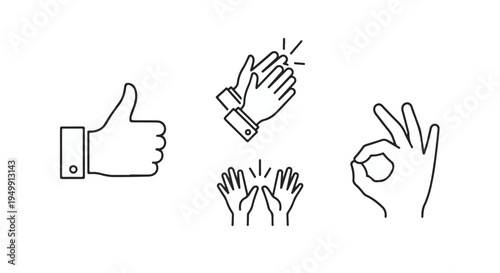 Set of hand gesture line icons vector illustration. Thumbs up, clapping, and OK signs isolated. isolated PNG with Transparent Background
