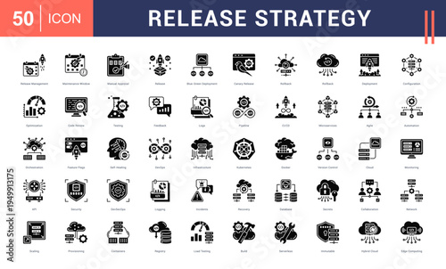 Release Strategy Icon Set. release management, maintenance window, manual approval, release, Glyph-green deployment and more. Glyph Style vector icons collection.