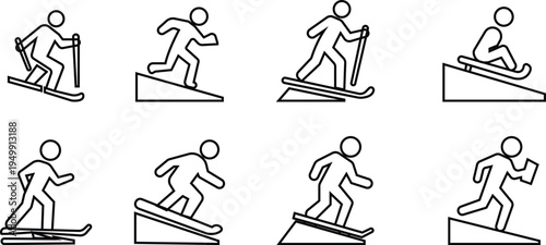 Hill Sports Icon set. Hill sports. Solid vectors of hill sports, downhill running, mountains sledding, skiing, snowboarding, silhouettes grass boarding, trail running, abstract outdoor symbol diagram