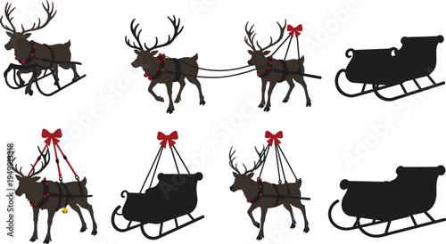 Reindeer sleigh vector, Christmas illustration, festive holiday clipart, seasonal decoration, Santa transport, winter graphic, silhouette art, red bow, ornament, harness