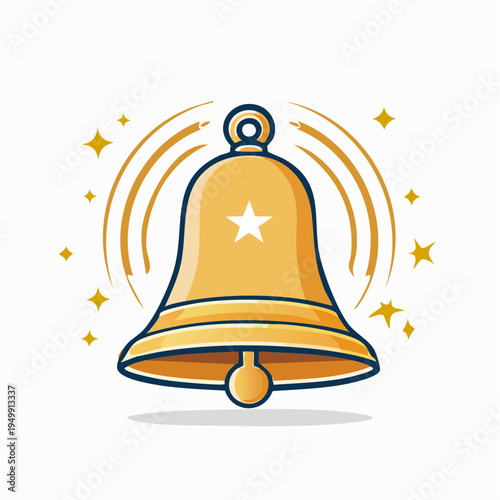 Vibrant golden bell ringing with a prominent star emblem and radiating sparkles, signaling an important announcement, joyous celebration, or timely notification