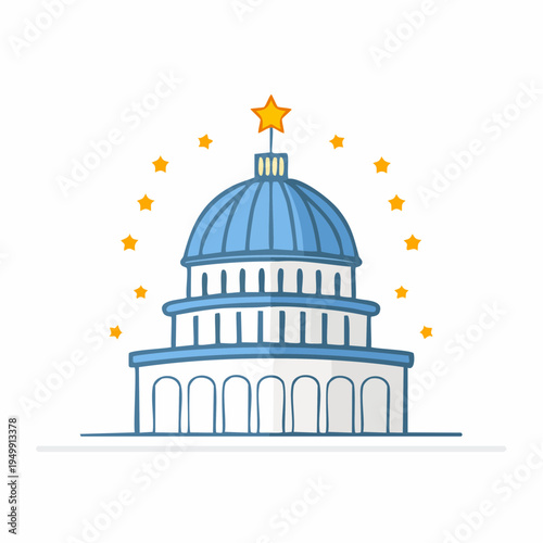 Iconic governmental building with a grand dome, symbolizing democracy, national unity, and official authority, adorned with a celebratory star, representing public service and freedom
