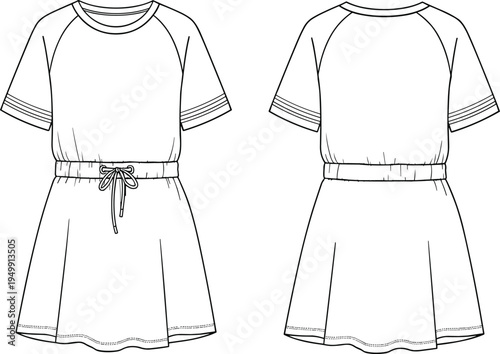 "Technical flat fashion sketch of casual dress with raglan sleeves, stripe details, round neckline, drawstring waist, and flared hem shown in front and back views"
