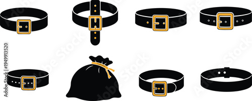 Santa belt vector, festive buckle design, Christmas sack silhouette, holiday accessory illustration, black graphic art, seasonal ornament, gift bag concept