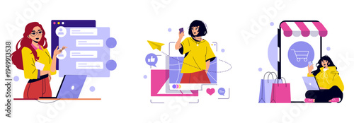 Digital Communication and Online Shopping Vector Illustration