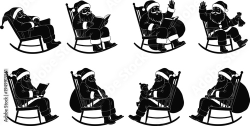 Santa Claus silhouette vector, festive rocking chair poses, holiday character design, black white illustration, cad drawing flat vector illustrationSanta Claus silhouette vector