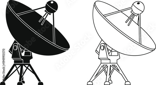 Satellite dish silhouette and line art set, parabolic antenna vector, telecom signal concept, cad drawing flat vector illustration