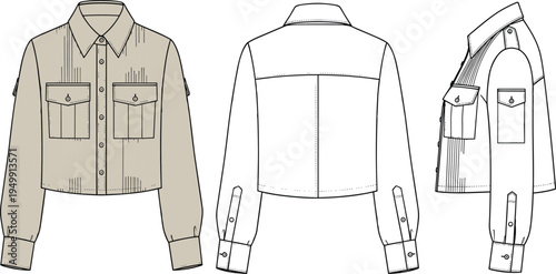 "Technical flat sketch of cropped utility shirt with chest pockets, button closures, pointed collar, long sleeves, cuffs, and side pocket shown in front, back, and side views"
