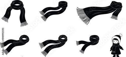Scarf silhouette illustrations with winter child, black and white vector art of cozy accessories and seasonal clothing styles