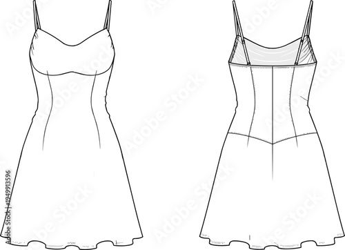 scalloped hem dress, shoulder straps, princess seams, fashion sketch, technical illustration, flat vector, garment design, apparel CAD, front back view, fitted bodice, flared skirt, low back neckline
