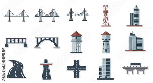 Collection of City Infrastructure Elements - Bridges, Towers, Buildings, and Roads.