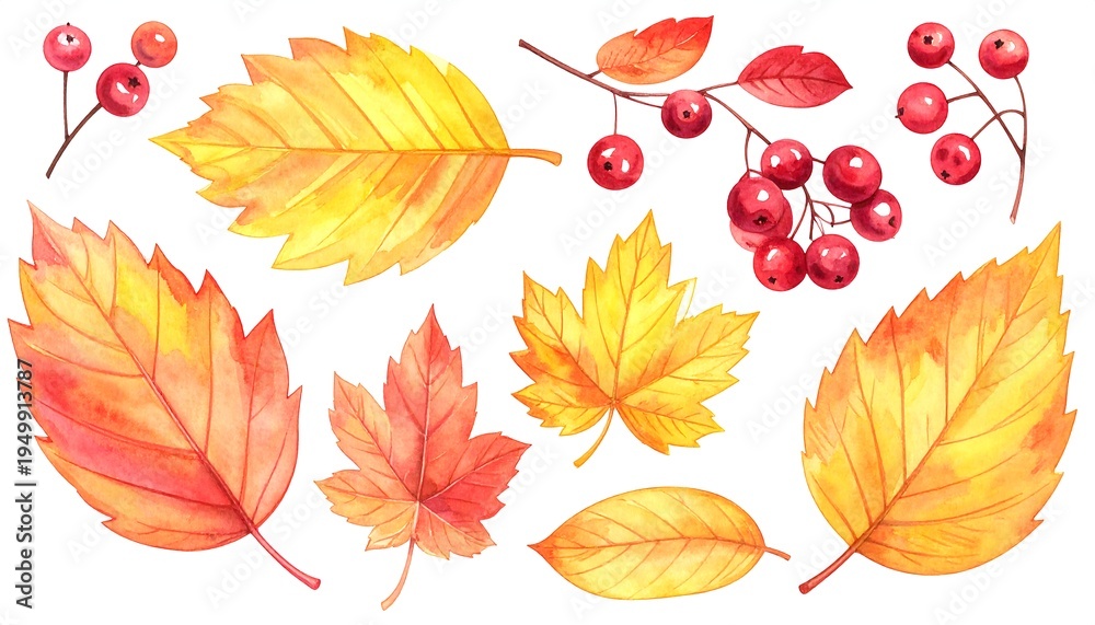 Obraz premium A collection of autumn leaves and red berries on a white background