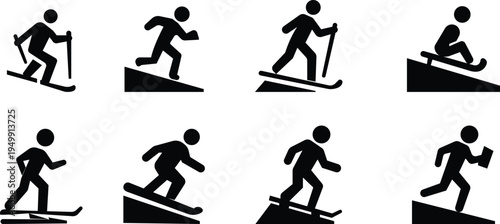 Hill Sports Icon set. Hill sports. Solid vectors of hill sports, downhill running, mountains sledding, skiing, snowboarding, silhouettes grass boarding, trail running, abstract outdoor symbol diagram