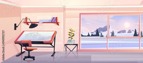 Architect office interior with snowy mountain view through window on sunny day. Vector illustration shows workspace with desk, blueprints and construction plans. Professional architect studio scene.