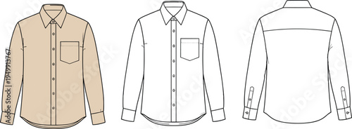 "Technical flat sketch of long‑sleeve button‑up shirt with collar, chest pocket, stitching details, and back yoke shown in front and back fashion design views"