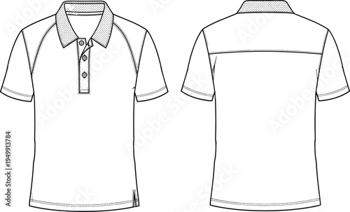 "Technical flat sketch of short‑sleeve polo shirt with classic collar, three‑button placket, raglan sleeves, and back yoke detail shown in front and back fashion views"