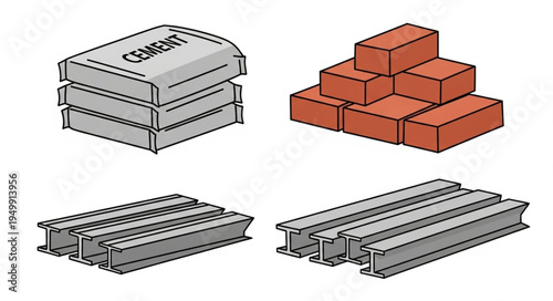 Construction Materials - Cement, Bricks, and Steel Beams Illustration.