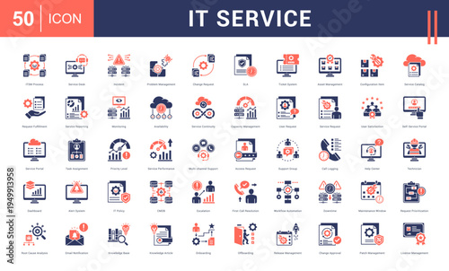 IT Service Icon Set. itsm process, service desk, incident, problem management, change request and more. Glyph Dual Tone Style vector icons collection.