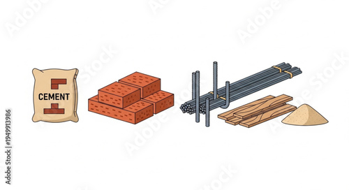Construction Materials - Cement, Bricks, Rebar, Wood, and Sand for Building.