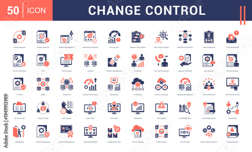 Change Control Icon Set. change request, change approval, release management, maintenance window, priority level and more. Glyph Dual Tone Style vector icons collection.