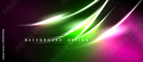 Abstract vibrant design. Smooth curves blend pink, green, yellow hues. Dark background emphasizes glowing lines, creating dynamic visual effect.