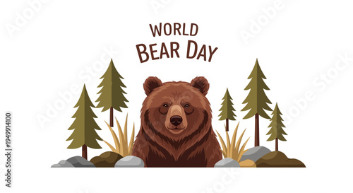 Illustration of a brown bear in a natural forest habitat with trees and rocks for World Bear Day conservation awareness campaign.