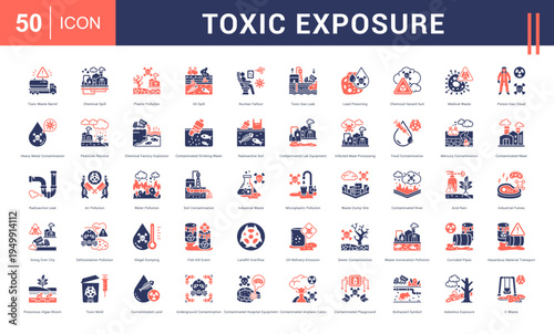 Toxic Exposure Icon Set. toxic waste barrel, chemical spill, plastic pollution, oil spill, nuclear fallout and more. Glyph Dual Tone Style vector icons collection.