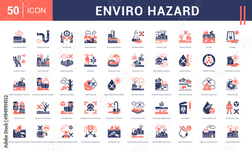 Enviro Hazard Icon Set. toxic waste barrel, radioactive leak, air pollution, water pollution, soil contamination and more. Glyph Dual Tone Style vector icons collection.