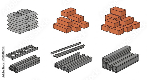 Construction Materials - Isometric Stacks of Bricks, Cement Bags, and Steel Beams.