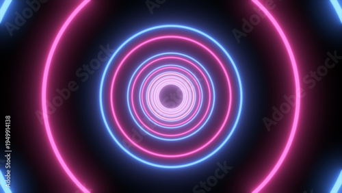 Tableau sur toile Glowing pink and blue concentric neon rings forming a futuristic tunnel, abstrac