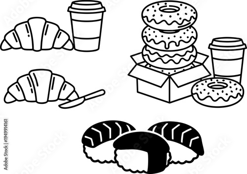 A collection of black and white line art icons depicting various breakfast and lunch food items Vector, illustration