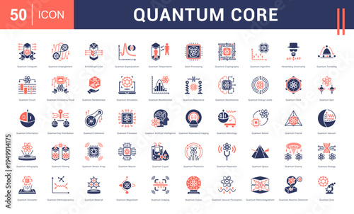 Quantum Core Icon Set. quantum computer, entanglement, schrodingers cat, super position, teleportation and more. Glyph Dual Tone Style vector icons collection.