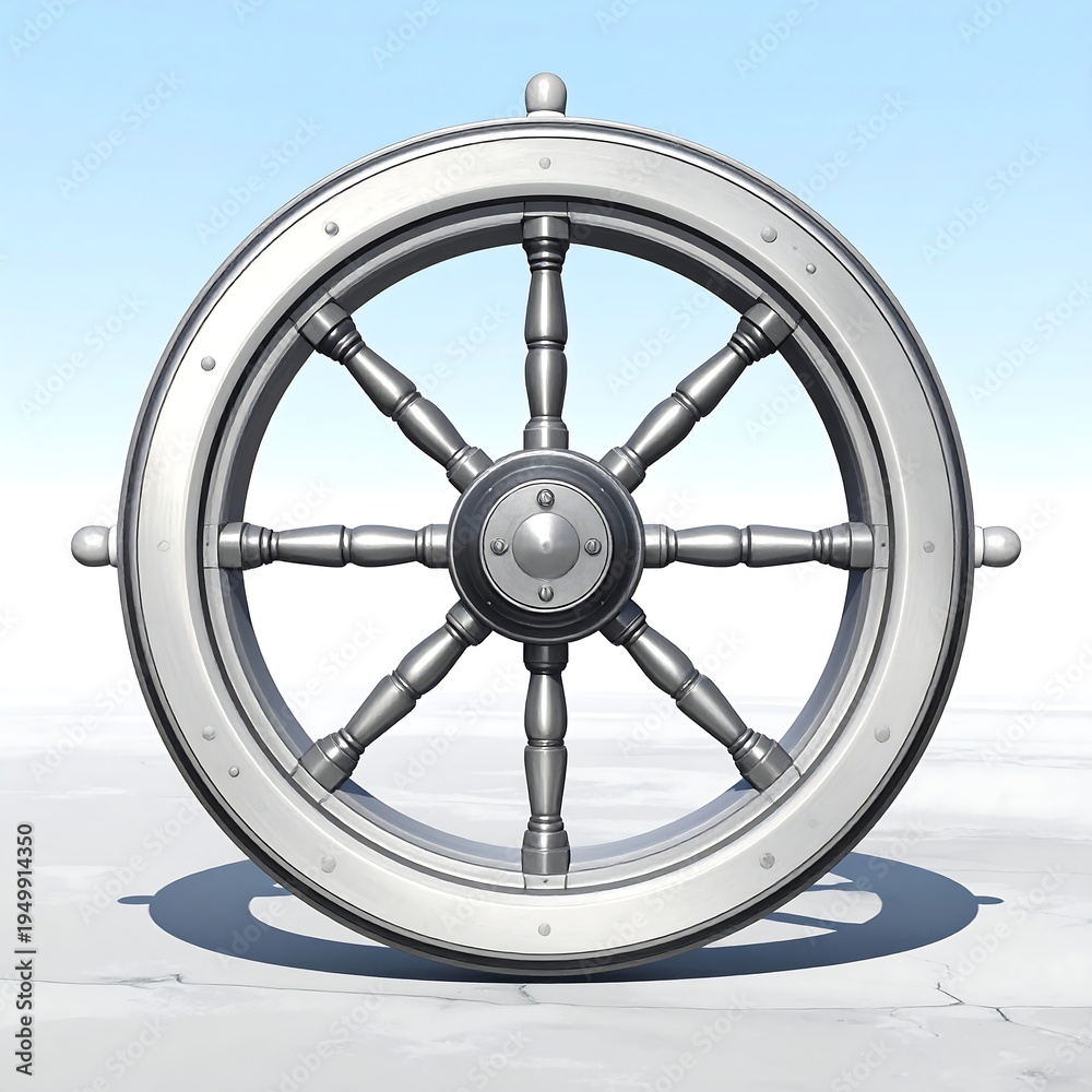 Obraz premium A metallic ship's steering wheel on a concrete floor