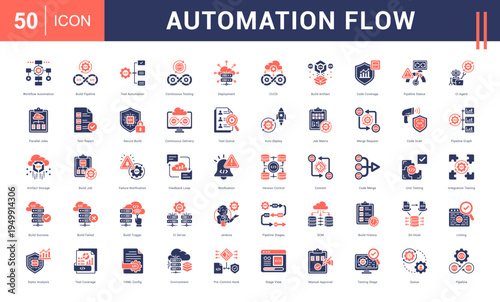 Automation Flow Icon Set. workflow automation, build pipeline, test automation, continuous testing, deployment and more. Glyph Dual Tone Style vector icons collection.